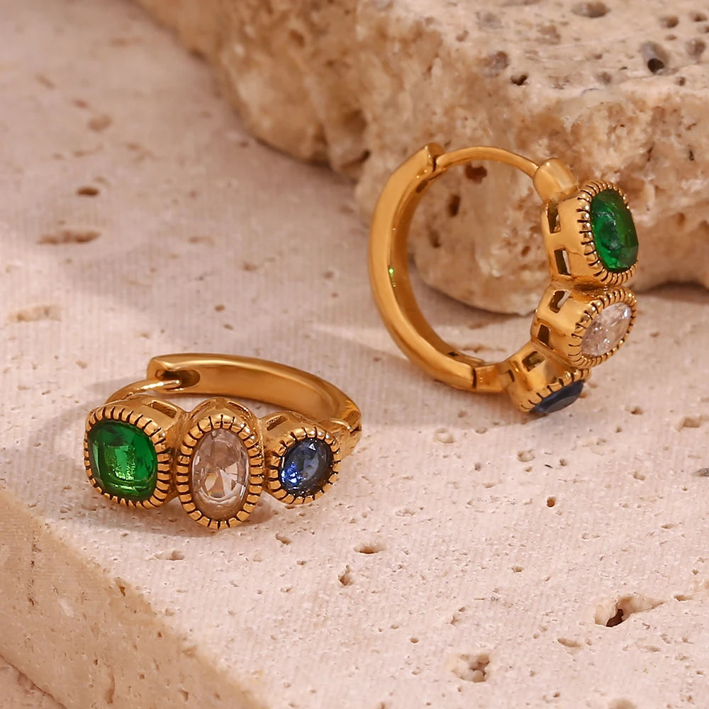 Brincos de Argola Vintage com Zircônia Verde Hipoalergênico