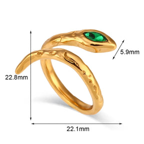 Anel Cobra Ouro 18K com Zircônia Verde Hipoalergênico