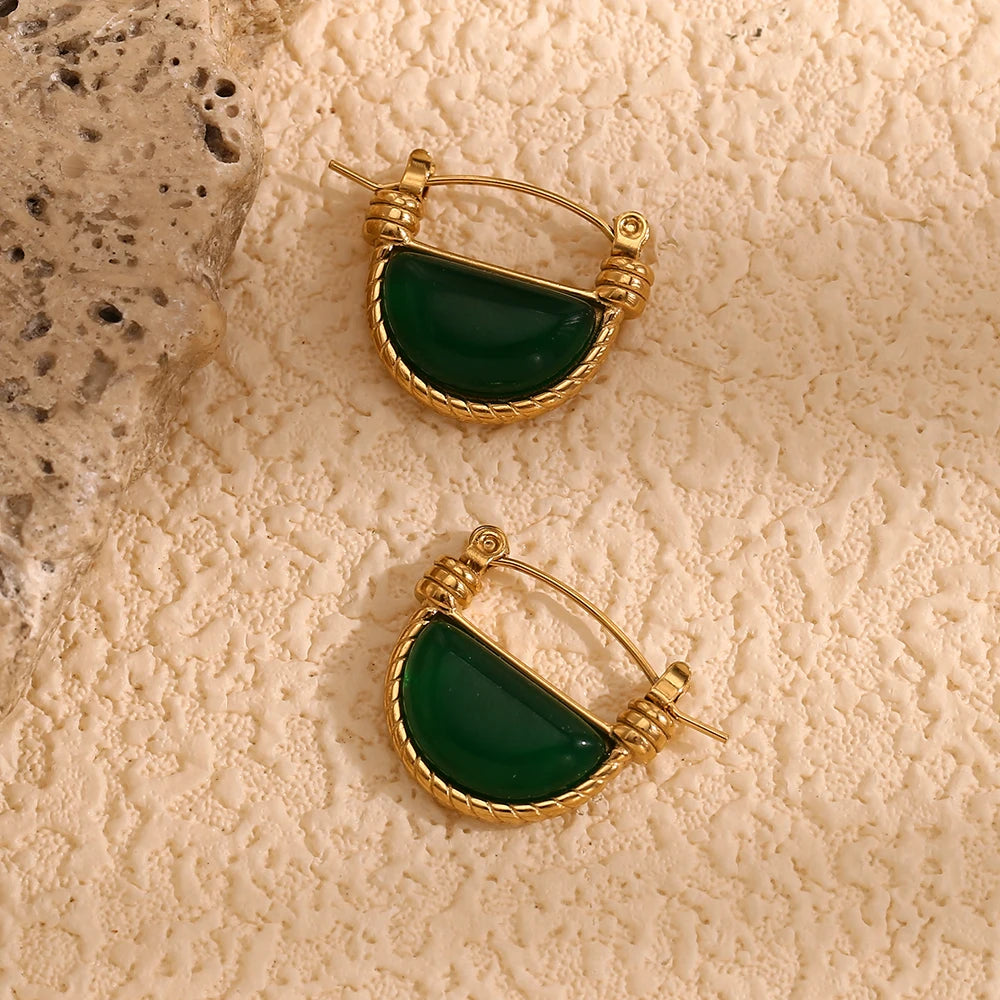 Brinco Vintage Ágata Verde Banhado a Ouro 18K