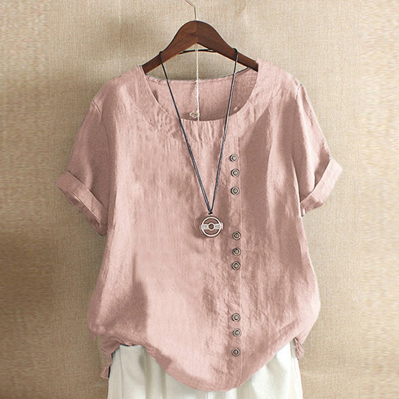 Camisa Casual de Linho com Botões e Manga Curta – Alina