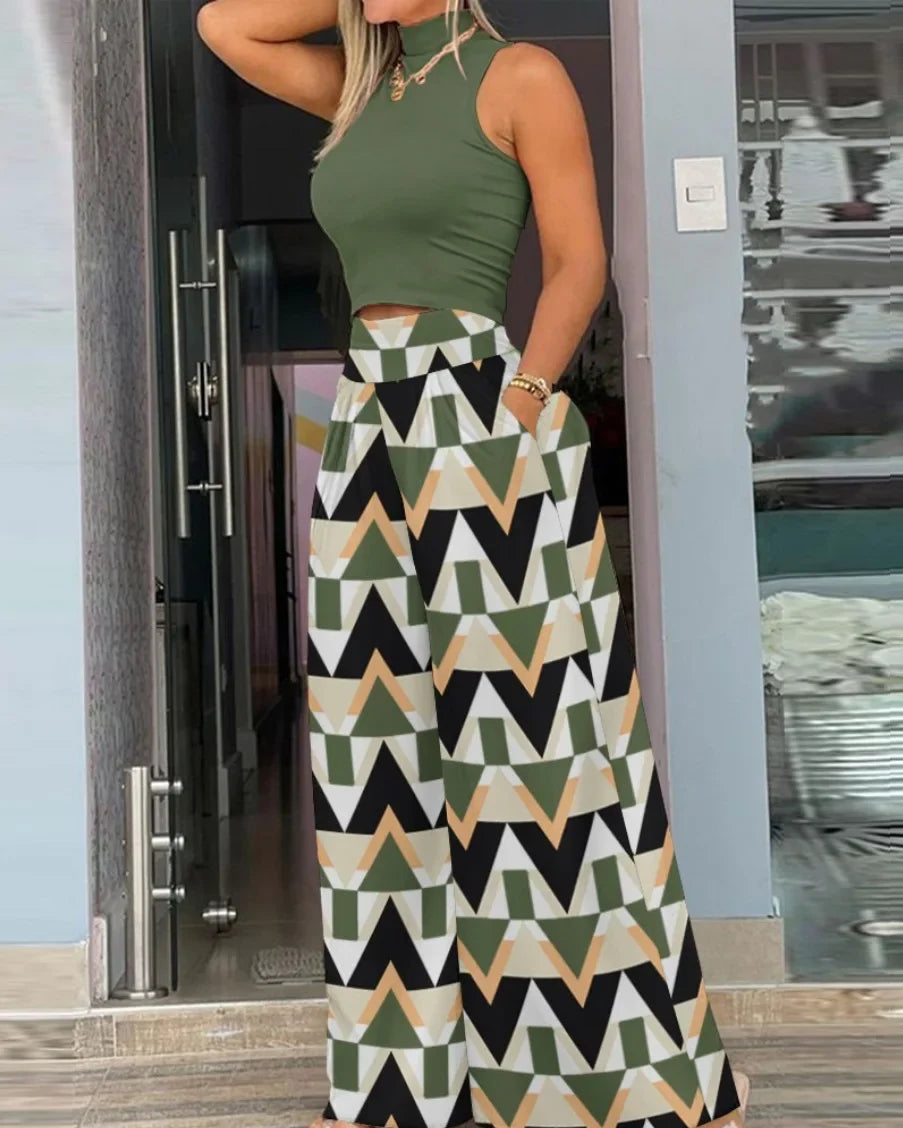 Conjunto Feminino Elegante – Cropped Sem Mangas e Calça Estampada