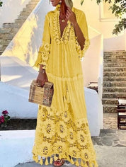 Vestido Boho Longo com Decote em V e Renda – Tassel