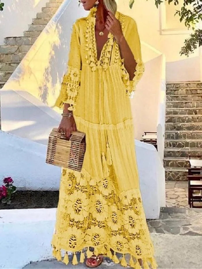 Vestido Boho Longo com Decote em V e Renda – Tassel