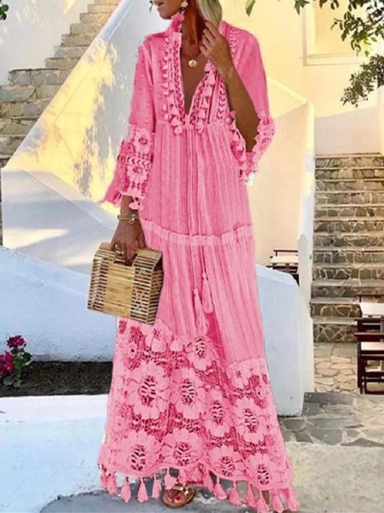 Vestido Boho Longo com Decote em V e Renda – Tassel