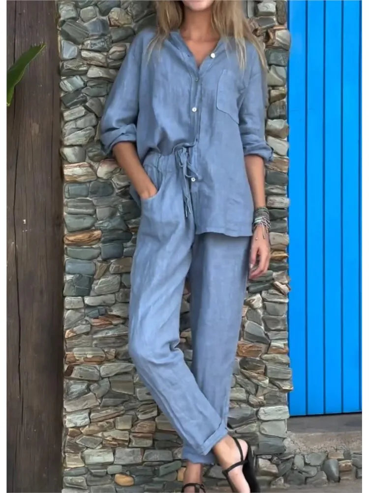 Conjunto Feminino de Algodão e Linho – Decote V e Perna Larga