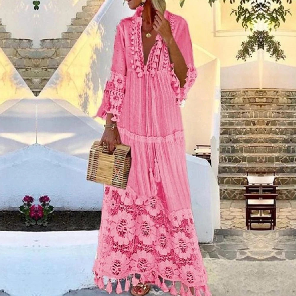 Vestido Boho Longo com Decote em V e Renda – Tassel