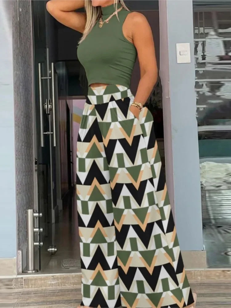 Conjunto Feminino Elegante – Cropped Sem Mangas e Calça Estampada