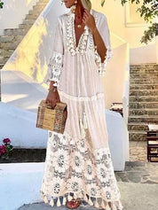 Vestido Boho Longo com Decote em V e Renda – Tassel