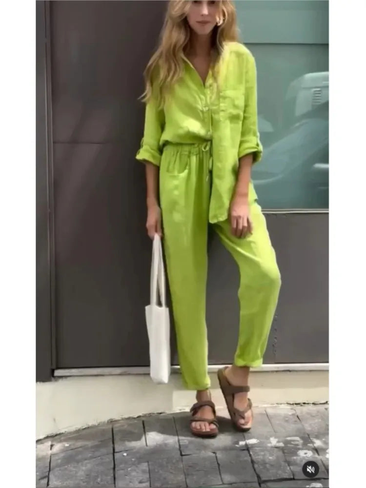 Conjunto Feminino de Algodão e Linho – Decote V e Perna Larga
