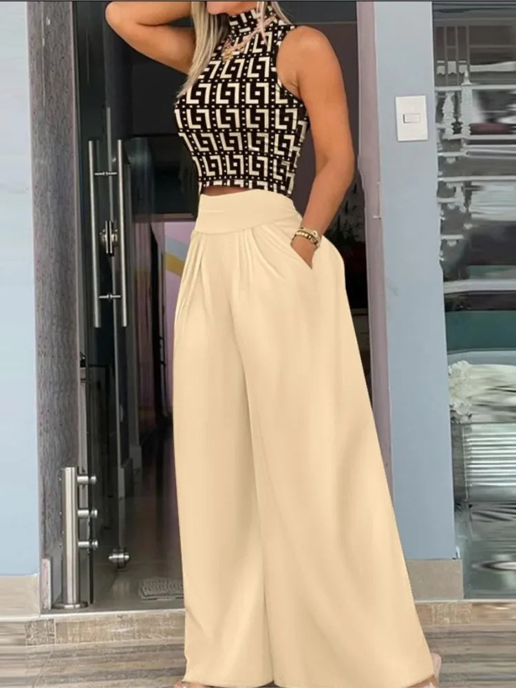 Conjunto Feminino Elegante – Cropped Sem Mangas e Calça Estampada