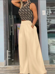 Conjunto Feminino Elegante – Cropped Sem Mangas e Calça Estampada