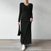 Vestido Midi Feminino – Manga Longa e Cintura Marcada