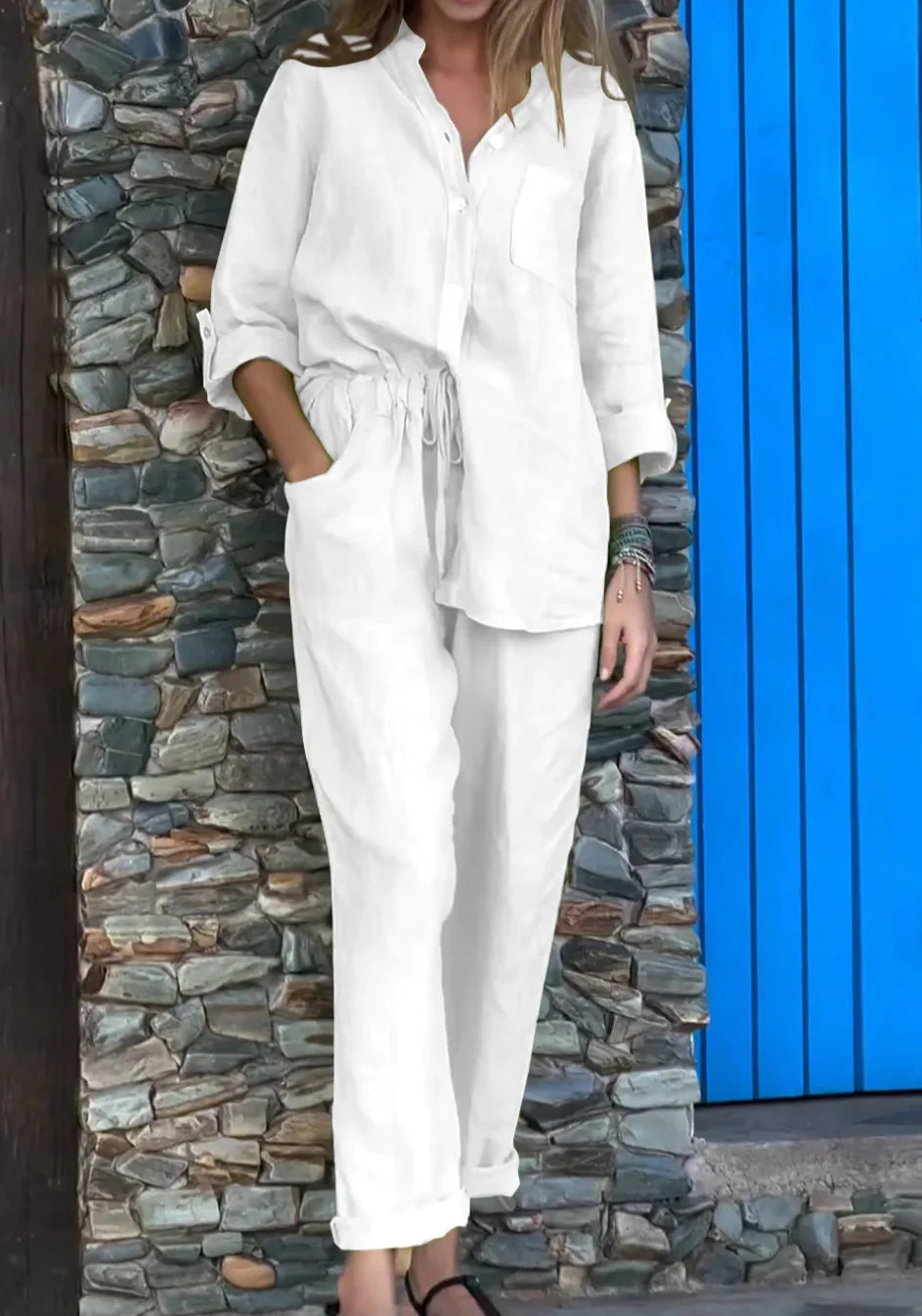 Conjunto Feminino de Algodão e Linho – Decote V e Perna Larga