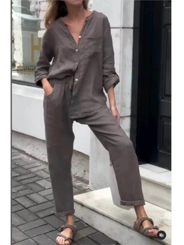 Conjunto Feminino de Algodão e Linho – Decote V e Perna Larga