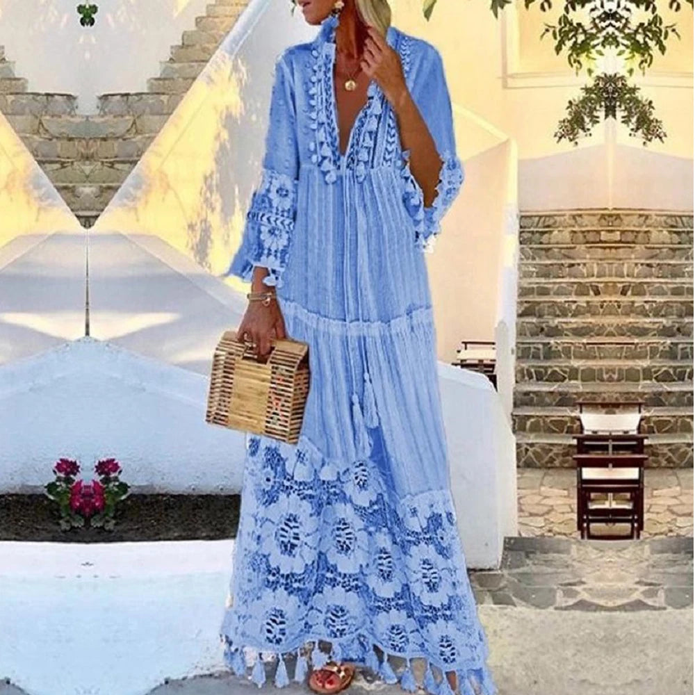 Vestido Boho Longo com Decote em V e Renda – Tassel
