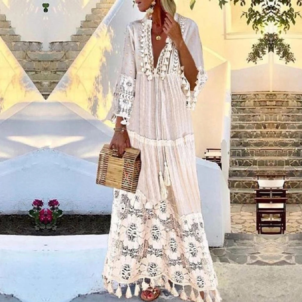 Vestido Boho Longo com Decote em V e Renda – Tassel