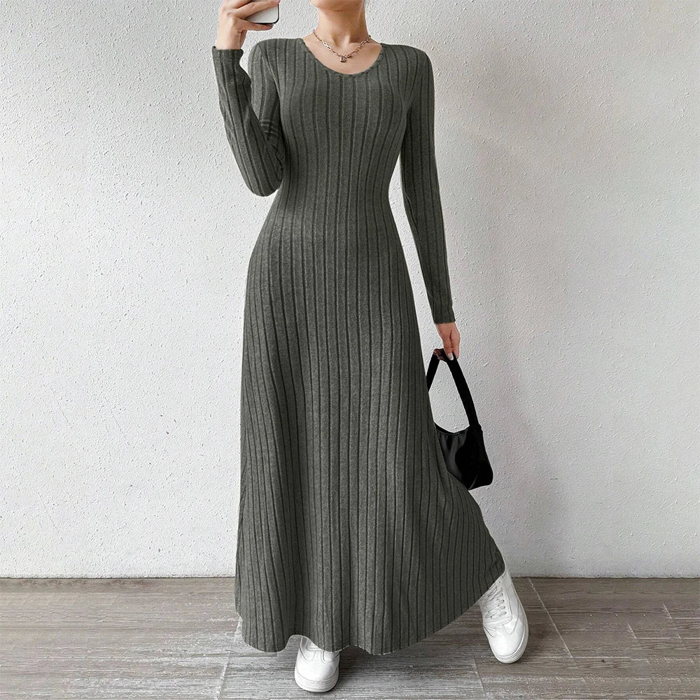 Vestido Midi Feminino – Manga Longa e Cintura Marcada