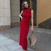Conjunto Feminino de Malha – Colete Gola Alta e Saia Longa