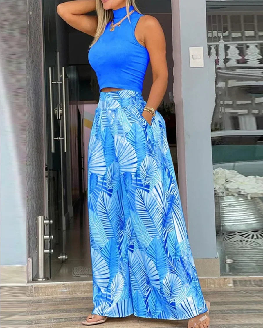 Conjunto Feminino Elegante – Cropped Sem Mangas e Calça Estampada
