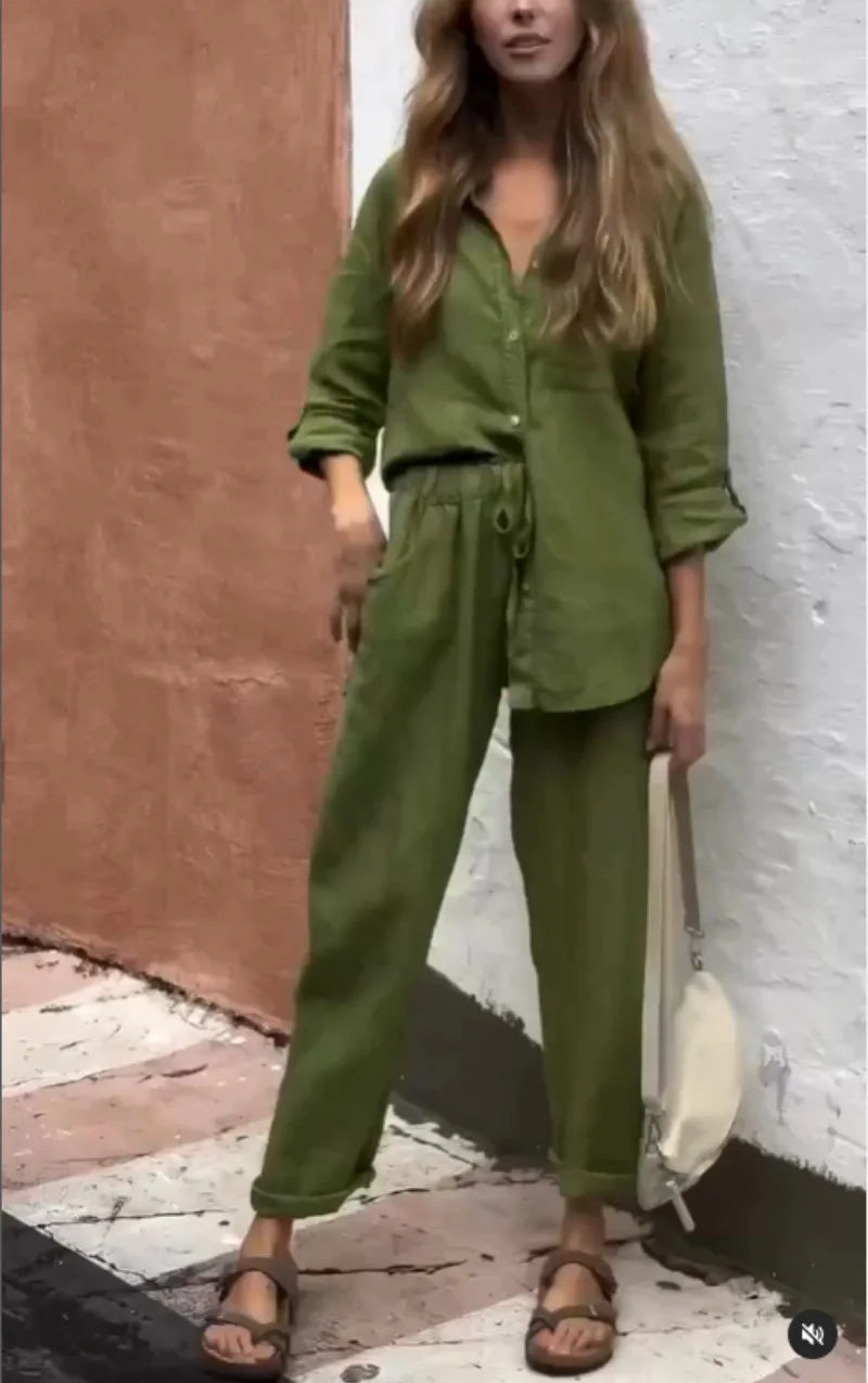 Conjunto Feminino de Algodão e Linho – Decote V e Perna Larga