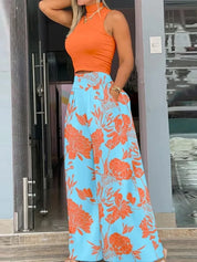 Conjunto Feminino Elegante – Cropped Sem Mangas e Calça Estampada