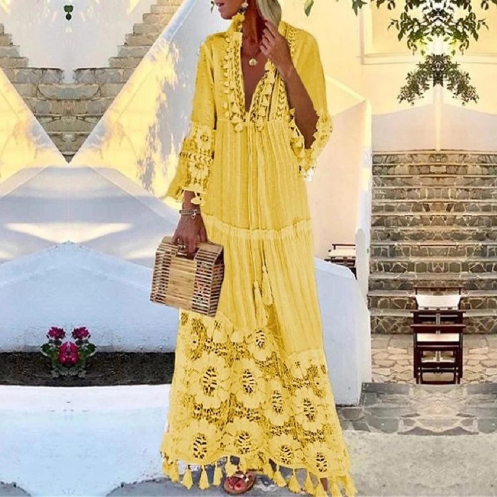 Vestido Boho Longo com Decote em V e Renda – Tassel