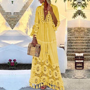Vestido Boho Longo com Decote em V e Renda – Tassel