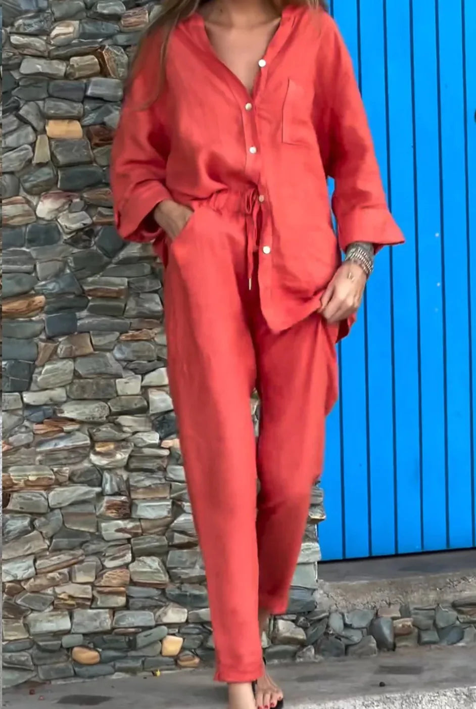 Conjunto Feminino de Algodão e Linho – Decote V e Perna Larga
