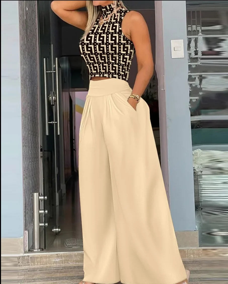 Conjunto Feminino Elegante – Cropped Sem Mangas e Calça Estampada