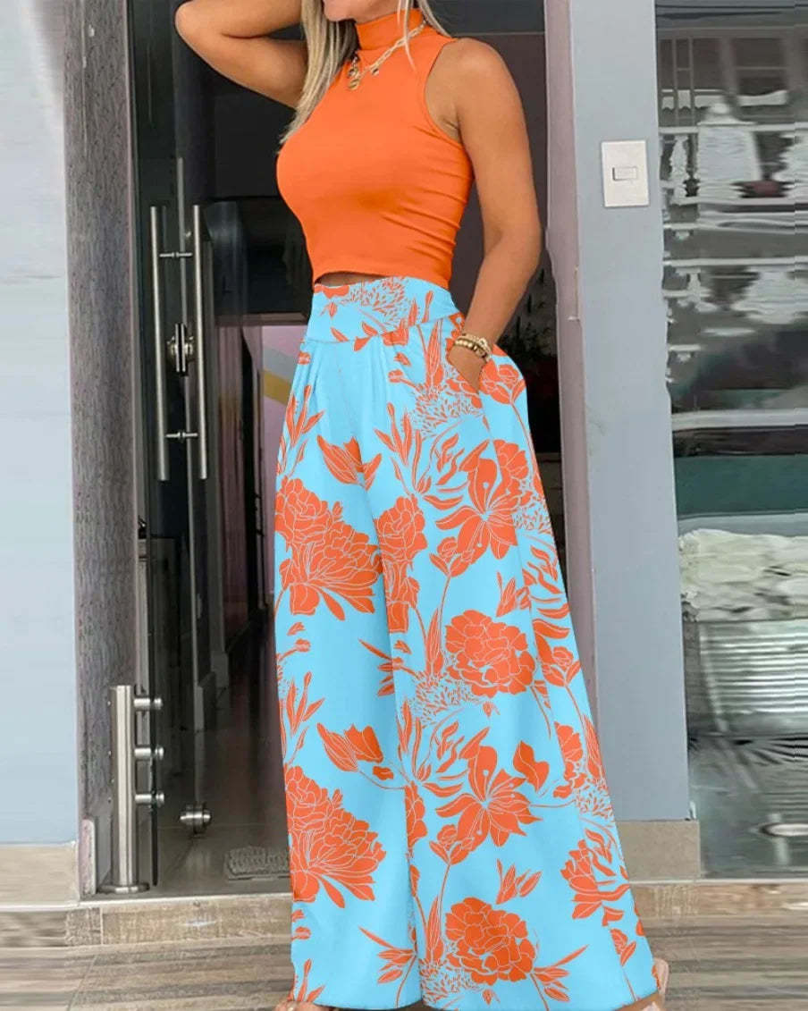 Conjunto Feminino Elegante – Cropped Sem Mangas e Calça Estampada