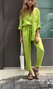 Conjunto Feminino de Algodão e Linho – Decote V e Perna Larga