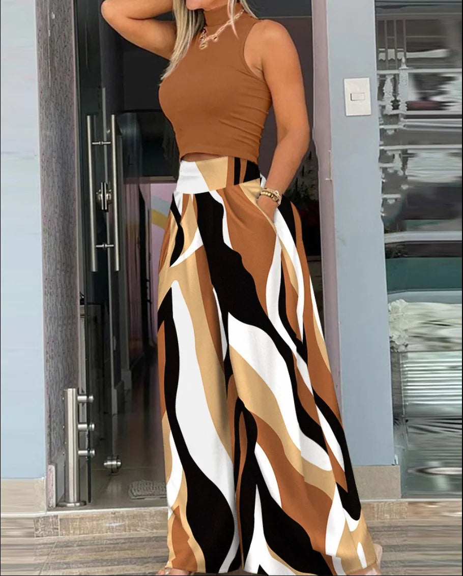 Conjunto Feminino Elegante – Cropped Sem Mangas e Calça Estampada