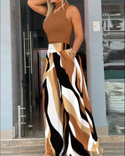 Conjunto Feminino Elegante – Cropped Sem Mangas e Calça Estampada