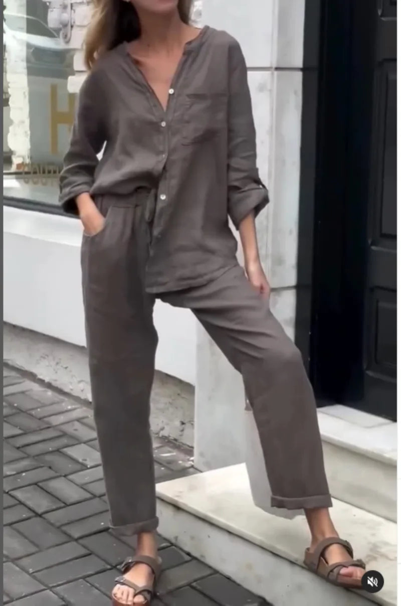 Conjunto Feminino de Algodão e Linho – Decote V e Perna Larga