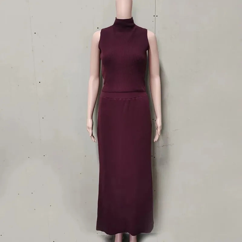 Conjunto Feminino de Malha – Colete Gola Alta e Saia Longa