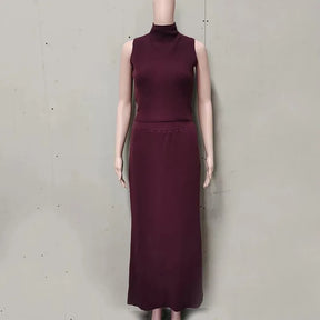 Conjunto Feminino de Malha – Colete Gola Alta e Saia Longa
