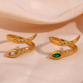 Anel Cobra Ouro 18K com Zircônia Verde Hipoalergênico